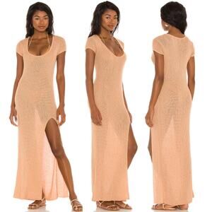 NWT L*Space Mina Semi Sheer Scoop Neck Slit Cover-Up Maxi Dress Putty Women's L